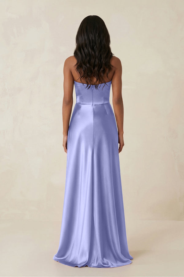 Sheath Strapless Ruffled Satin Bridesmaid Dress in Steel Blue - KISS BRIDAL Bridesmaid Dresses