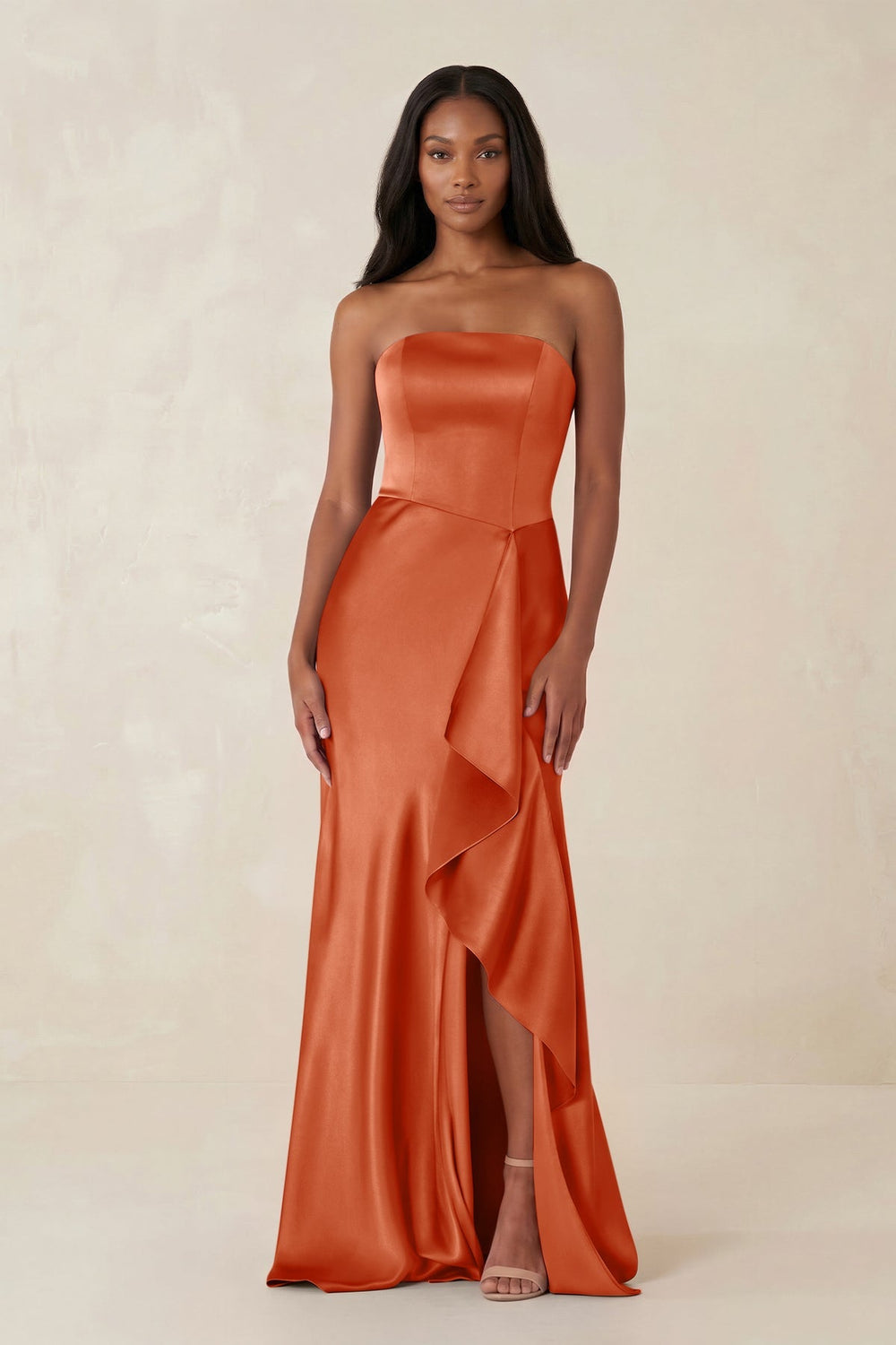 Sheath Strapless Ruffled Satin Bridesmaid Dress in Terracotta - SHE IS ME Bridesmaid Dresses