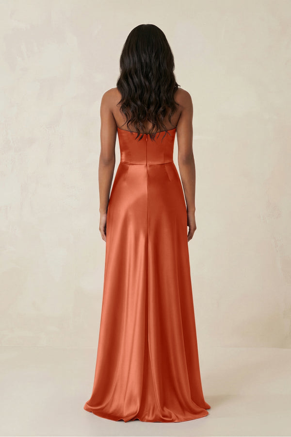 Sheath Strapless Ruffled Satin Bridesmaid Dress in Terracotta - KISS BRIDAL Bridesmaid Dresses