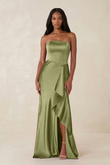 Sheath Strapless Ruffled Satin Bridesmaid Dress in Thyme - KISS BRIDAL Bridesmaid Dresses