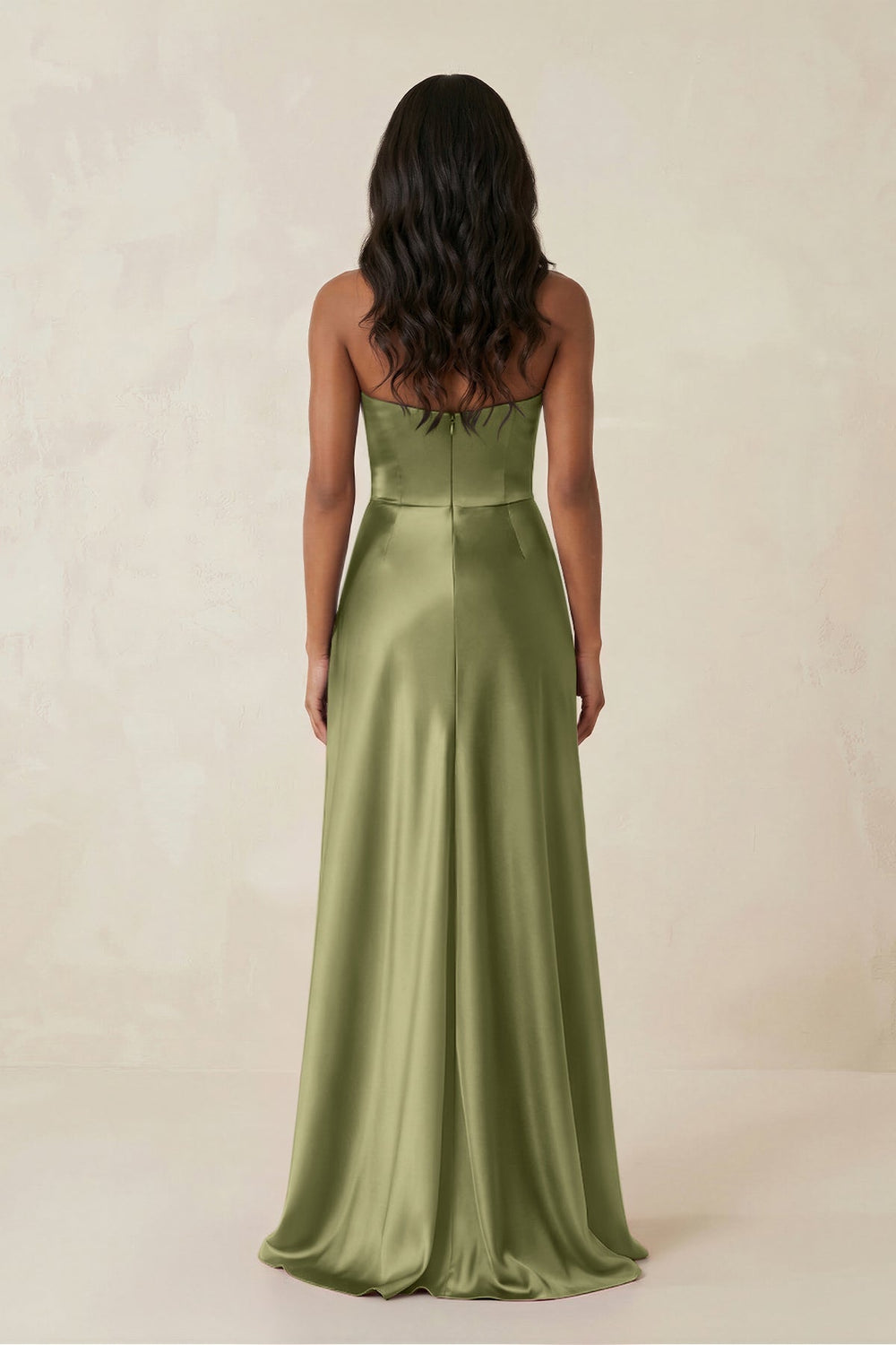 Sheath Strapless Ruffled Satin Bridesmaid Dress in Thyme - SHE IS ME Bridesmaid Dresses