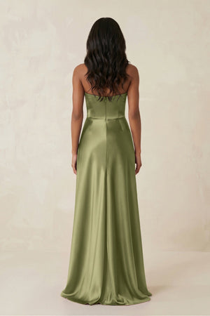 Sheath Strapless Ruffled Satin Bridesmaid Dress in Thyme - KISS BRIDAL Bridesmaid Dresses