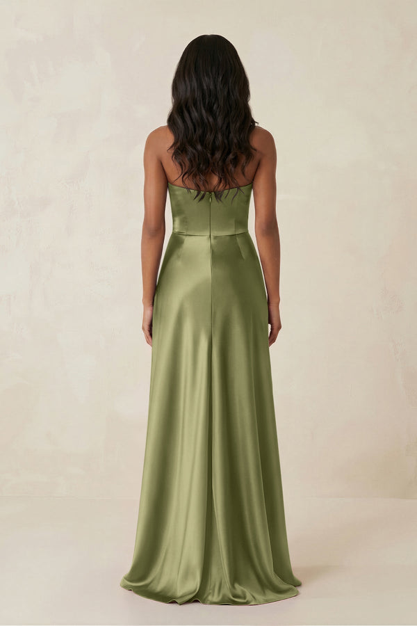 Sheath Strapless Ruffled Satin Bridesmaid Dress in Thyme - KISS BRIDAL Bridesmaid Dresses