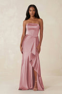 Sheath Strapless Ruffled Satin Bridesmaid Dress in Toffee - KISS BRIDAL Bridesmaid Dresses
