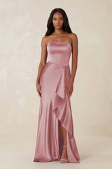 Sheath Strapless Ruffled Satin Bridesmaid Dress in Toffee - KISS BRIDAL Bridesmaid Dresses