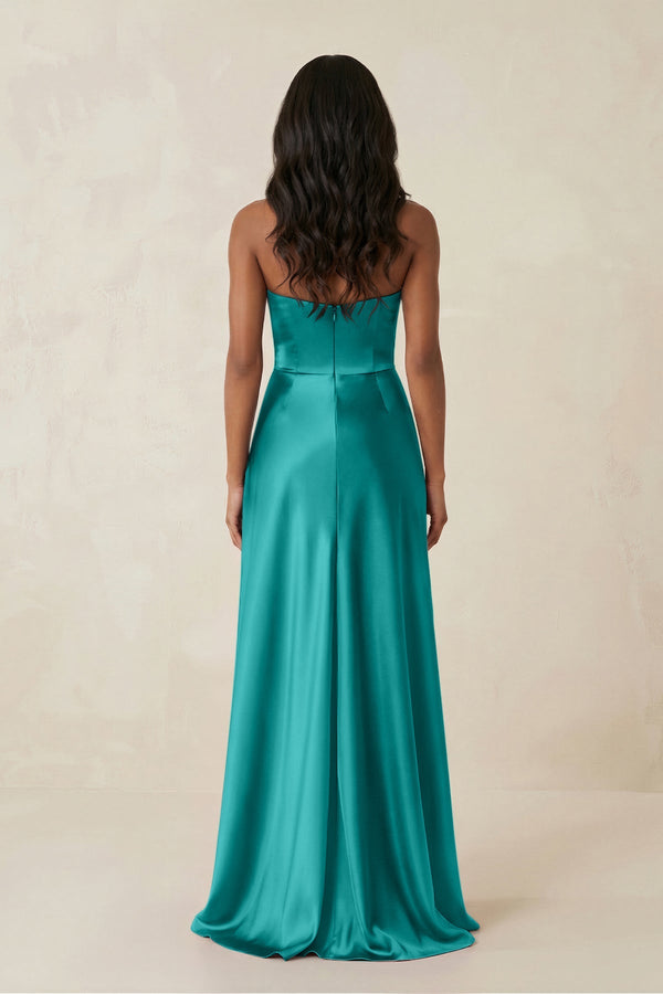 Sheath Strapless Ruffled Satin Bridesmaid Dress in Turquoise - KISS BRIDAL Bridesmaid Dresses