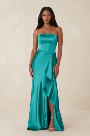 Sheath Strapless Ruffled Satin Bridesmaid Dress in Turquoise - KISS BRIDAL Bridesmaid Dresses