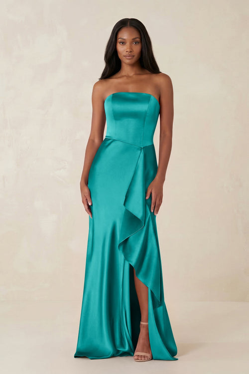 Sheath Strapless Ruffled Satin Bridesmaid Dress in Turquoise - KISS BRIDAL Bridesmaid Dresses