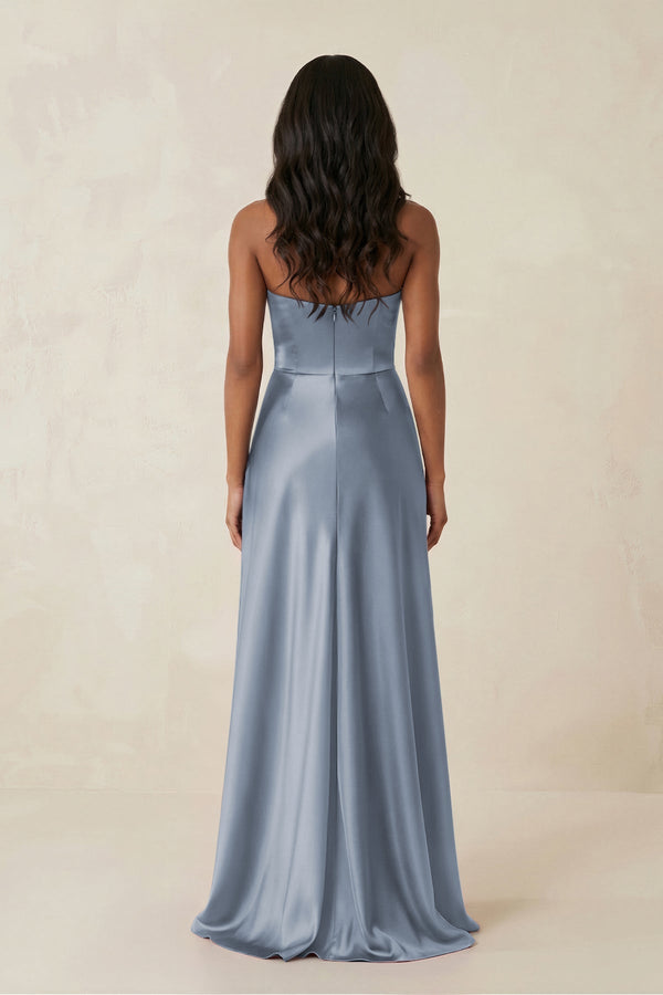 Sheath Strapless Ruffled Satin Bridesmaid Dress in Twilight - KISS BRIDAL Bridesmaid Dresses