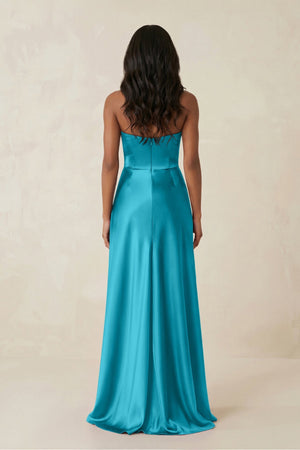 Sheath Strapless Ruffled Satin Bridesmaid Dress in Viridian Green - KISS BRIDAL Bridesmaid Dresses