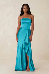 Sheath Strapless Ruffled Satin Bridesmaid Dress in Viridian Green - KISS BRIDAL Bridesmaid Dresses