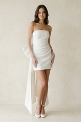 Sheath Strapless Satin Detachable Sleeves Mini Wedding Dress With Bow in White - KISS BRIDAL Wedding Dresses