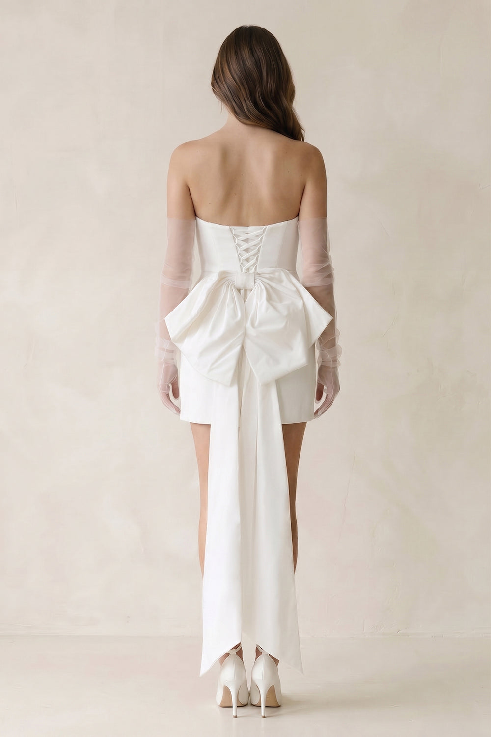 Sheath Strapless Satin Detachable Sleeves Mini Wedding Dress With Bow in White - KISS BRIDAL Wedding Dresses