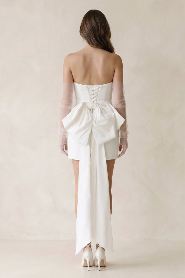 Sheath Strapless Satin Detachable Sleeves Mini Wedding Dress With Bow in White - KISS BRIDAL Wedding Dresses