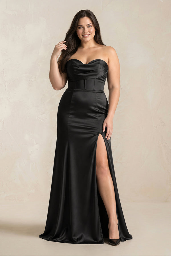 Sheath Sweetheart Corset Satin Bridesmaid Dress in Black [sizeplus] | KISSBRIDAL