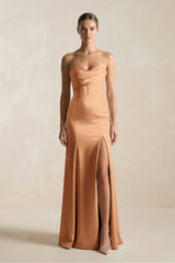 Sheath Sweetheart Corset Satin Bridesmaid Dress in Bronzer - KISS BRIDAL Bridesmaid Dresses