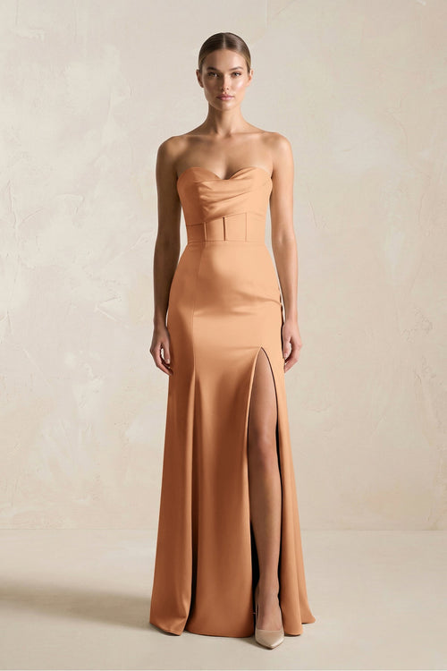 Sheath Sweetheart Corset Satin Bridesmaid Dress in Bronzer - KISS BRIDAL Bridesmaid Dresses
