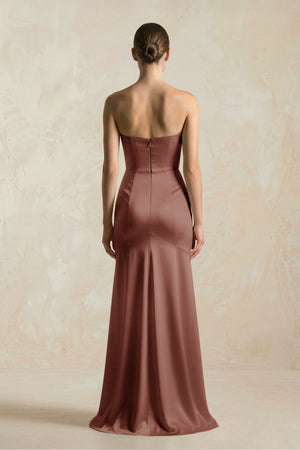 Sheath Sweetheart Corset Satin Bridesmaid Dress in Brown - KISS BRIDAL Bridesmaid Dresses