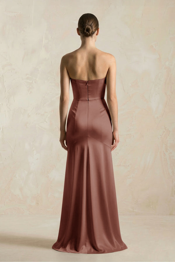 Sheath Sweetheart Corset Satin Bridesmaid Dress in Brown - KISS BRIDAL Bridesmaid Dresses