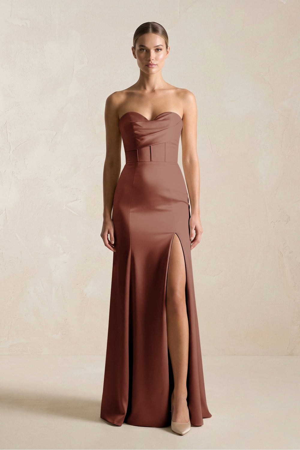 Sheath Sweetheart Corset Satin Bridesmaid Dress in Brown - KISS BRIDAL Bridesmaid Dresses