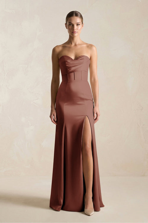 Sheath Sweetheart Corset Satin Bridesmaid Dress in Brown - KISS BRIDAL Bridesmaid Dresses