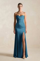 Sheath Sweetheart Corset Satin Bridesmaid Dress in Dark Teal - KISS BRIDAL Bridesmaid Dresses