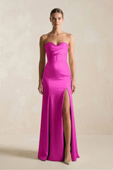 Sheath Sweetheart Corset Satin Bridesmaid Dress in Fuchsia - KISS BRIDAL Bridesmaid Dresses