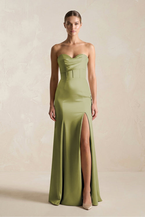 Sheath Sweetheart Corset Satin Bridesmaid Dress in Moss Green - KISS BRIDAL Bridesmaid Dresses