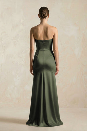 Sheath Sweetheart Corset Satin Bridesmaid Dress in Olive - KISS BRIDAL Bridesmaid Dresses