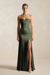 Sheath Sweetheart Corset Satin Bridesmaid Dress in Olive - KISS BRIDAL Bridesmaid Dresses