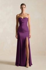 Sheath Sweetheart Corset Satin Bridesmaid Dress in Plum - KISS BRIDAL Bridesmaid Dresses