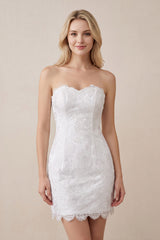 White Sheath Sweetheart Lace Mini Wedding Dress - KISSBRIDAL