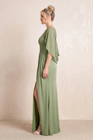 Thyme Sheath Thyme Cape Sleeves Satin Mother of the Bride Dress With Slit (3) | KISSBRIDAL