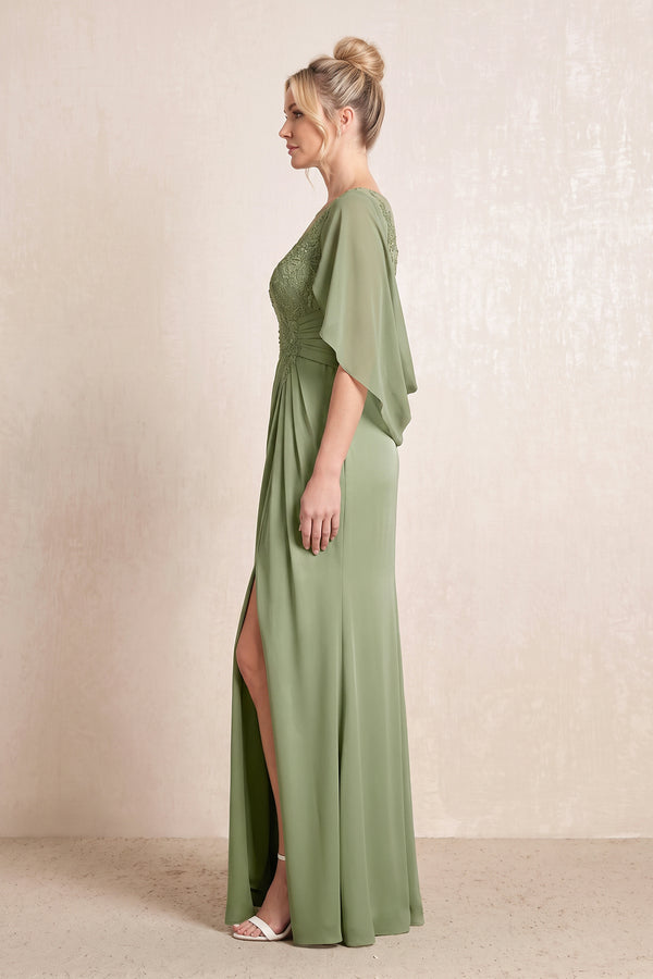Thyme Sheath Thyme Cape Sleeves Satin Mother of the Bride Dress With Slit (3) | KISSBRIDAL