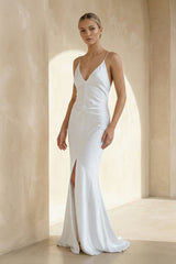 Sheath V - Neck Sleeveless Maxi Wedding Dresses in White - KISS BRIDAL Wedding Dresses