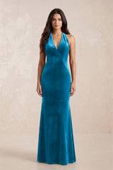 Sheath Velvet V - Neck Bridesmaid Dress in Blue Jay - KISS BRIDAL Bridesmaid Dresses