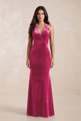 Sheath Velvet V - Neck Bridesmaid Dress in Bon Bon Pink - KISS BRIDAL Bridesmaid Dresses