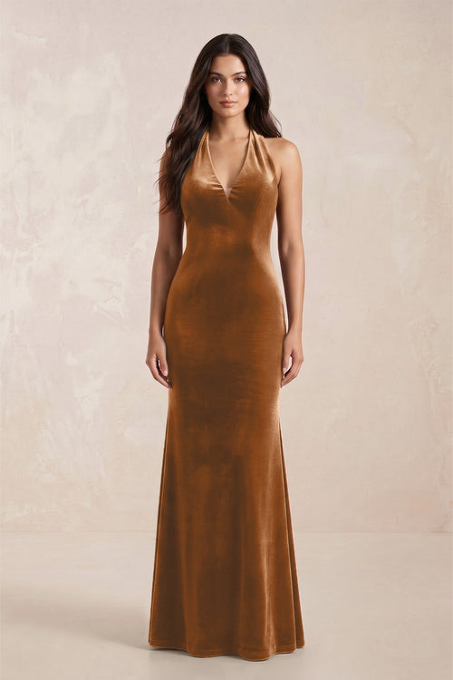 Sheath Velvet V - Neck Bridesmaid Dress in Brown - KISS BRIDAL Bridesmaid Dresses