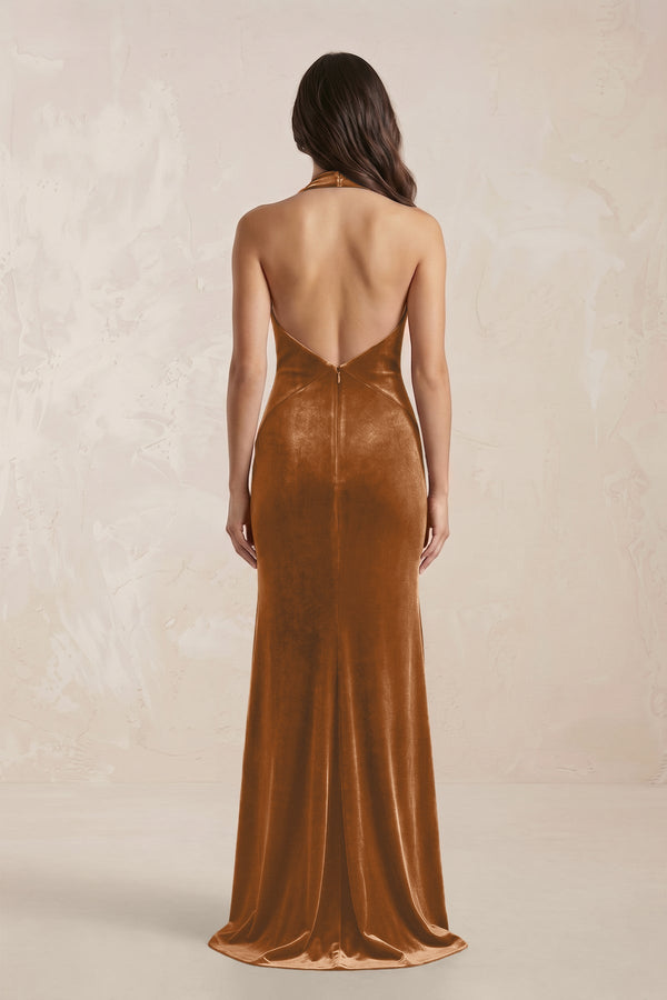 Sheath Velvet V - Neck Bridesmaid Dress in Brown - KISS BRIDAL Bridesmaid Dresses