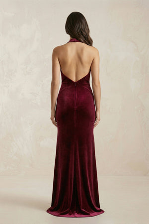 Sheath Velvet V - Neck Bridesmaid Dress in Burgundy - KISS BRIDAL Bridesmaid Dresses