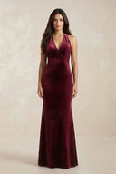 Sheath Velvet V - Neck Bridesmaid Dress in Burgundy - KISS BRIDAL Bridesmaid Dresses