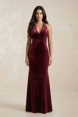 Sheath Velvet V - Neck Bridesmaid Dress in Burgundy - KISS BRIDAL Bridesmaid Dresses