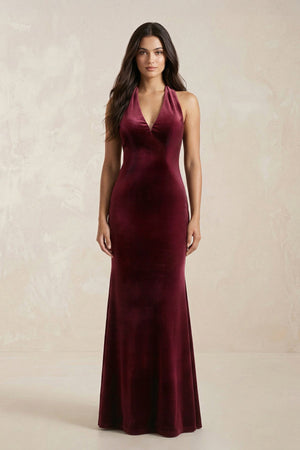 Sheath Velvet V - Neck Bridesmaid Dress in Burgundy - KISS BRIDAL Bridesmaid Dresses