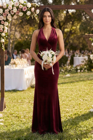 Sheath Velvet V - Neck Bridesmaid Dress in Burgundy - KISS BRIDAL Bridesmaid Dresses