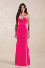 Sheath Velvet V - Neck Bridesmaid Dress in Candy Pink - KISS BRIDAL Bridesmaid Dresses