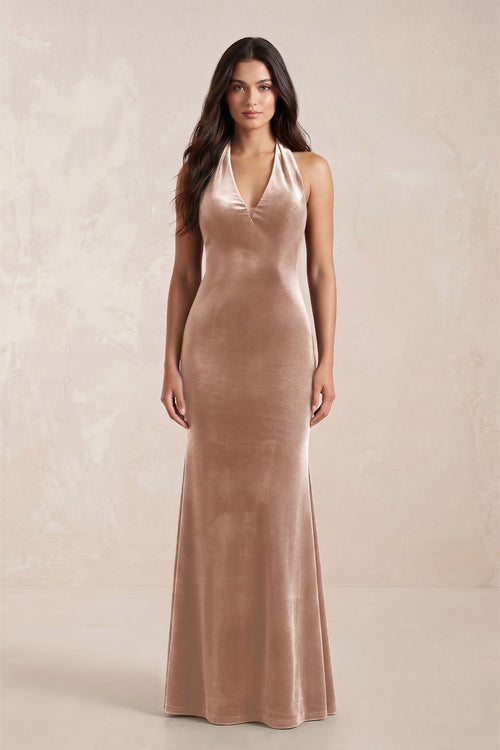 Sheath Velvet V - Neck Bridesmaid Dress in Champagne Rose - KISS BRIDAL Bridesmaid Dresses