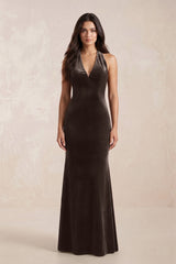 Sheath Velvet V - Neck Bridesmaid Dress in Chocolate - KISS BRIDAL Bridesmaid Dresses