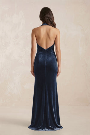 Sheath Velvet V - Neck Bridesmaid Dress in Dusk Blue - KISS BRIDAL Bridesmaid Dresses