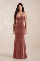 Sheath Velvet V - Neck Bridesmaid Dress in Dusty Rose - KISS BRIDAL Bridesmaid Dresses