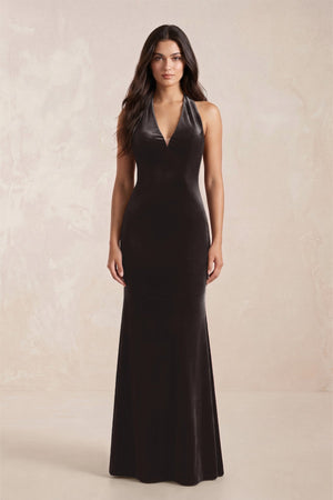 Sheath Velvet V - Neck Bridesmaid Dress in Espresso - KISS BRIDAL Bridesmaid Dresses